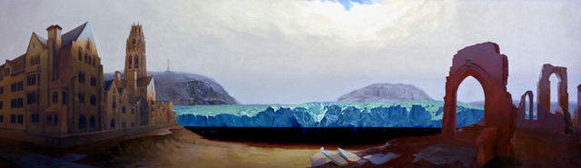 Justin McAllister, Oil paint on canvas over wooden panel, Ground to Bits: Yale University Destroyed by a Glacier, 2004