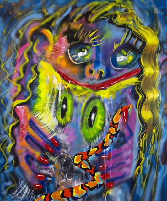 Natalie Westbrook, Acrylic and oil pastel on paper, White cat blue girl, 2023