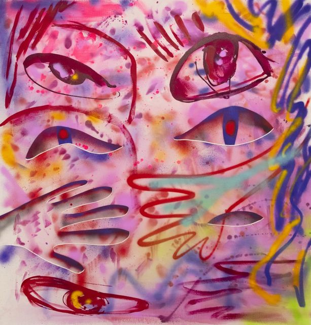 Natalie Westbrook, Oil and acrylic on canvas, Faces (purple and pink), 2021