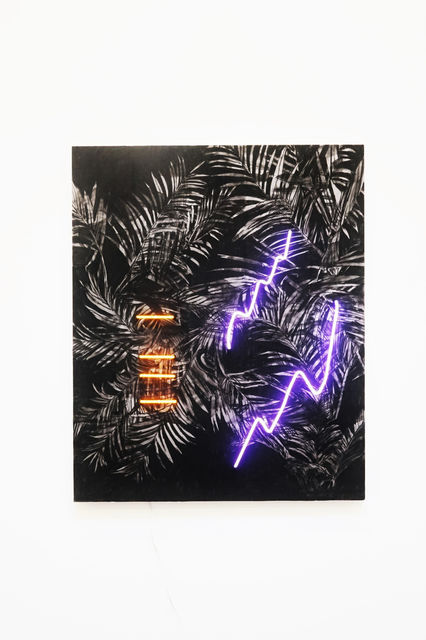 Thijs Zweers, Charcoal, spraypaint, wood, neon, Dance Dance Revolution XIII, 2020