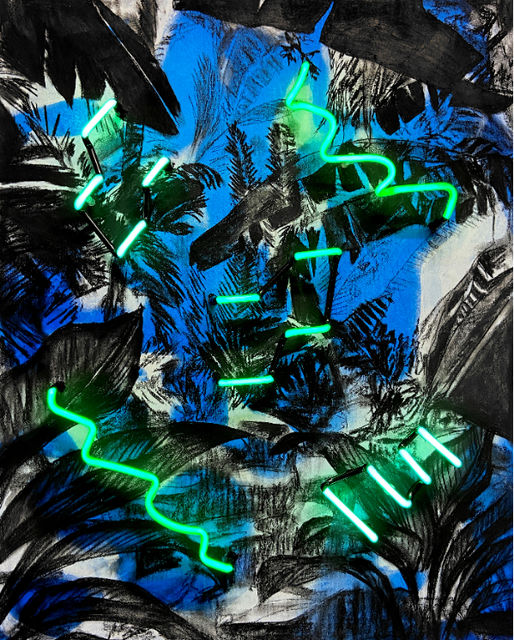 Thijs Zweers, Chalk pastel, neon on wood, Siren Song 1, 2021