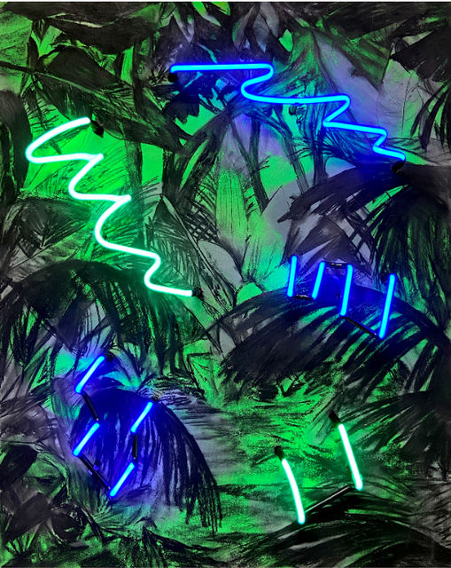 Thijs Zweers, Chalk pastel, neon on wood, Siren Song 3, 2021
