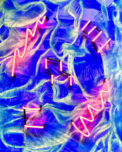 Thijs Zweers, Chalk pastel, neon on wood, Siren Song 4, 2021