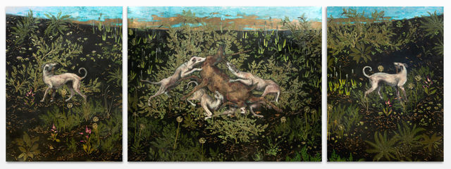Luis Xertu, Plants, acrylic, oxidated copper on canvas, Well-Fed Dogs Out on a Hunt, 2021