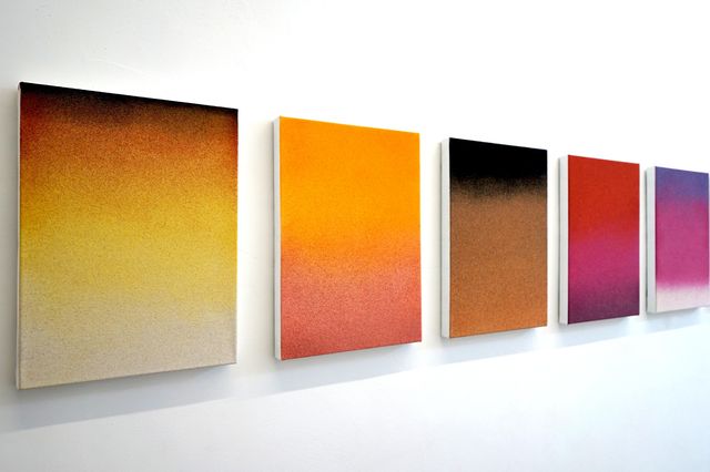 Liset Castillo, Sand, pigmented sand, super heavy gel medium on Belgian linen, One Horizon (installation of 40 pieces), 2022