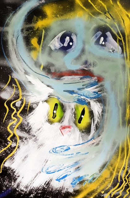 Natalie Westbrook, Acrylic and oil pastel on paper, White cat blue girl, 2023