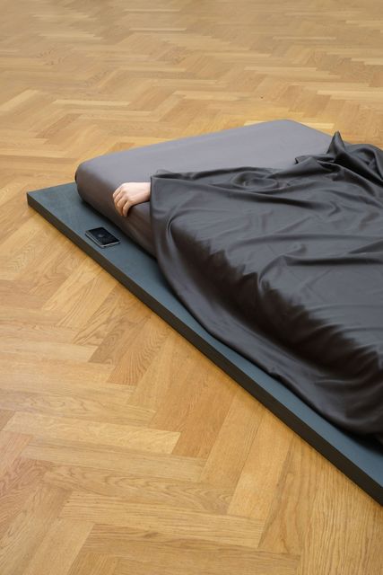 Diana Gheorghiu, Cgi, video, iPhone X, silicone hand, wood, Ikea mattress, Ikea bed sheets, Untired, 2020