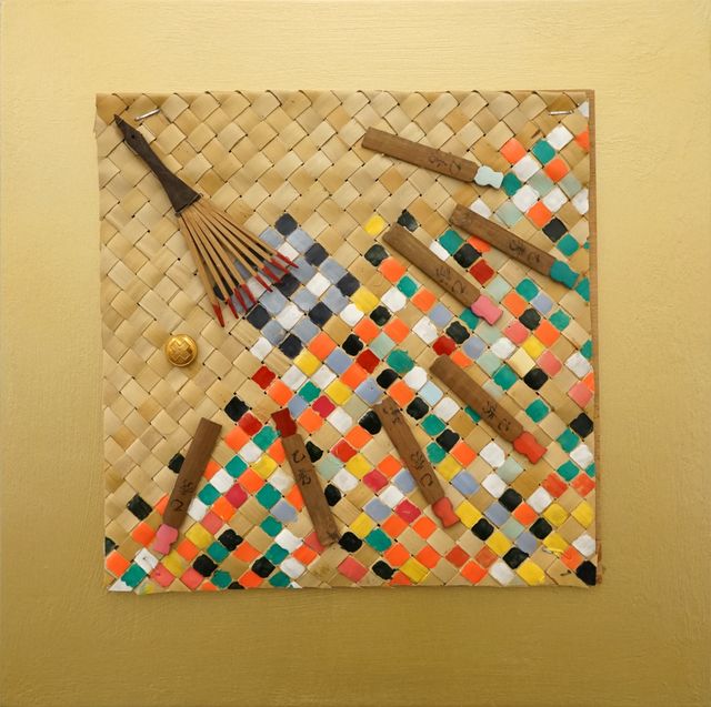 Woody van Amen, Tikar mat, mixed media, acrylic on panel, Equilibre, 2022