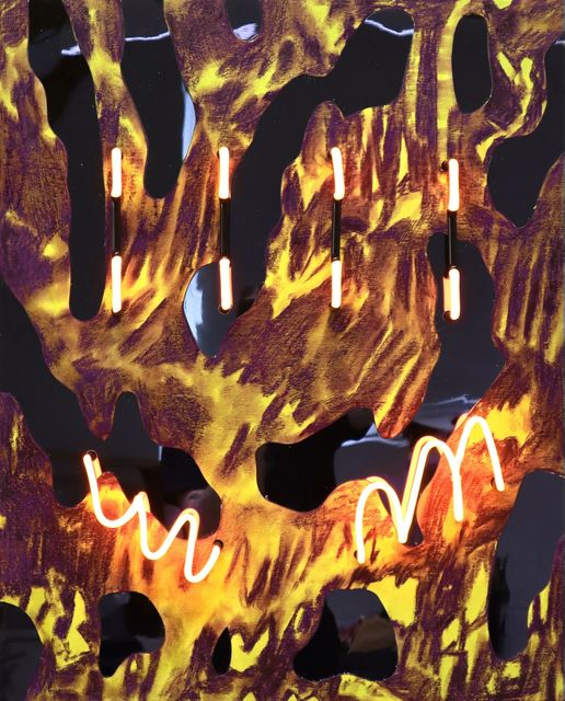 Thijs Zweers, Acrylic, charcoal, neon, plexiglass on wood, MAELSTROM, 2024