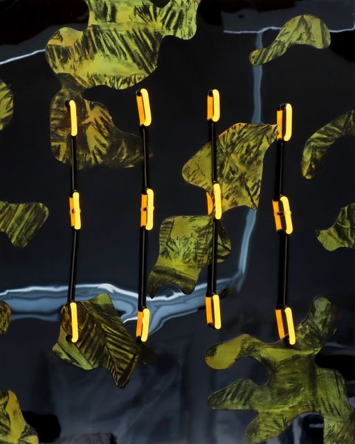 Thijs Zweers, Charcoal, neon, plexiglass on wood, TRACTION, 2024