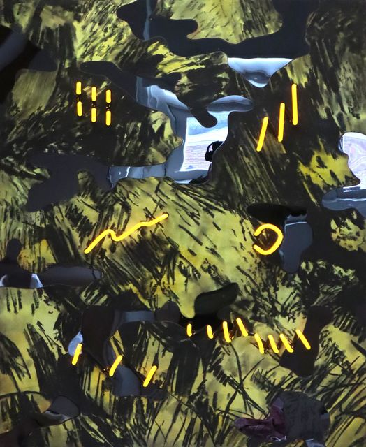 Thijs Zweers, Charcoal, neon, plexiglass on wood, TRIBULATION, 