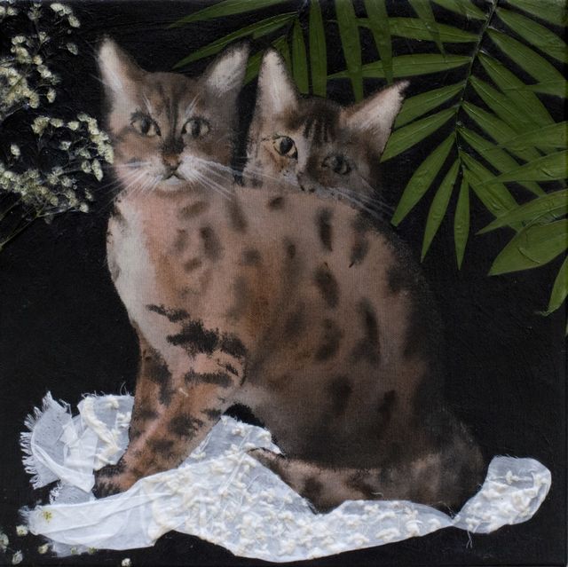 Luis Xertu, Fabric, plants and acrylic on canvas, Two Cats (Noodles and Lola), 2024