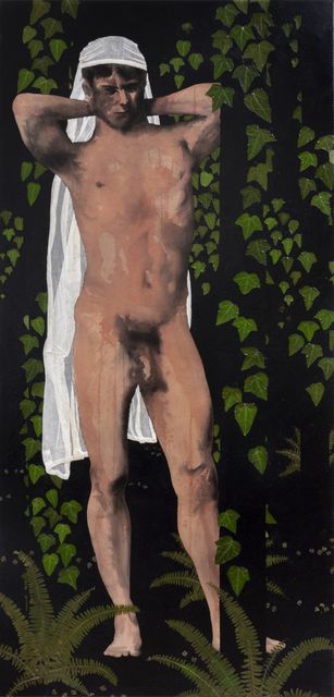 Luis Xertu, Plants, textile and acrylic on canvas, A Community Status for the Isolated (Man with towel on his head), 2023