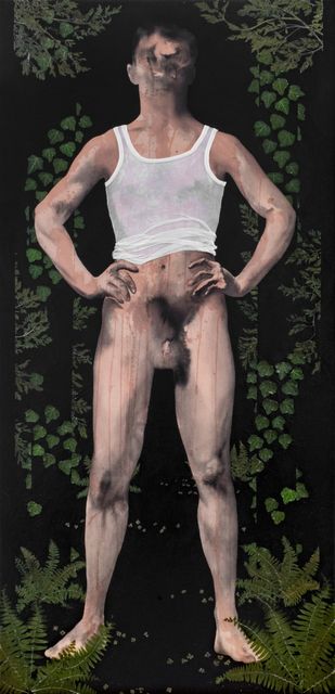Luis Xertu, Plants, textile and acrylic on canvas, A Community Status for the Isolated (Man with tank top), 2023
