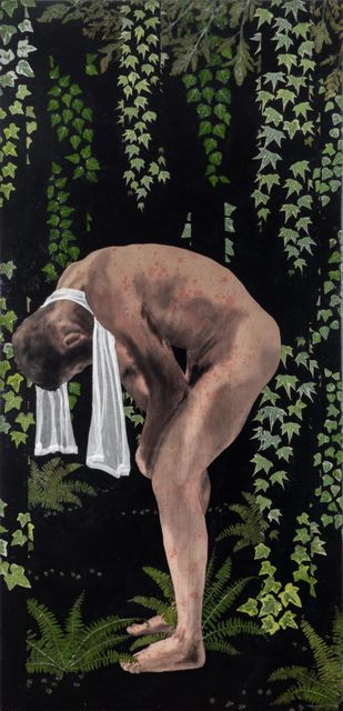 Luis Xertu, Plants, textile and acrylic on canvas, A Community Status for the Isolated (Man crouching down), 2023