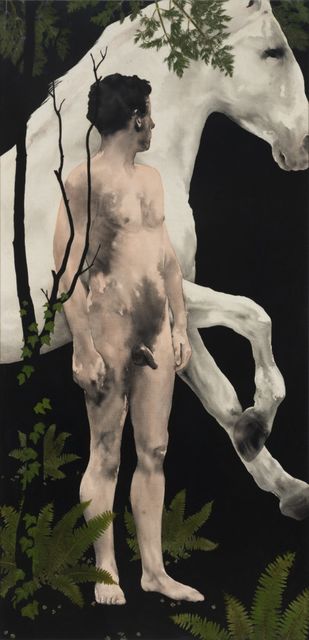 Luis Xertu, Plants, textile and acrylic on canvas, Man with Horse, 2024