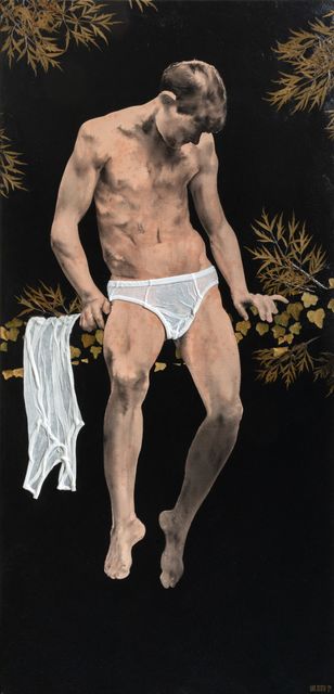 Luis Xertu, Plants, textile and acrylic on canvas, Man on a branch, 2024